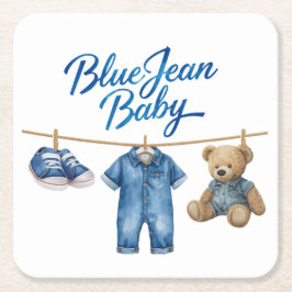 Denim Bear Clothesline Boy Blue Jean Baby Shower スクエアペーパーコースター