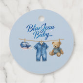 Denim Bear Clothesline Boy Blue Jean Baby Shower フェイバータグ (裏面)