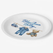 Denim Bear Clothesline Boy Blue Jean Baby Shower ペーパープレート (アングル)