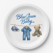 Denim Bear Clothesline Boy Blue Jean Baby Shower ペーパープレート (正面)