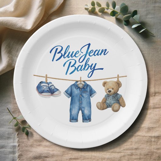 Denim Bear Clothesline Boy Blue Jean Baby Shower ペーパープレート