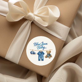 Denim Bear Clothesline Boy Blue Jean Baby Shower ラウンドシール