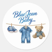 Denim Bear Clothesline Boy Blue Jean Baby Shower ラウンドシール (正面)