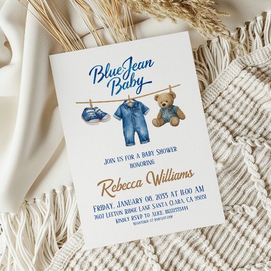 Denim Bear Clothesline Boy Blue Jean Baby Shower 招待状