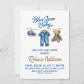 Denim Bear Clothesline Boy Blue Jean Baby Shower 招待状 (正面)