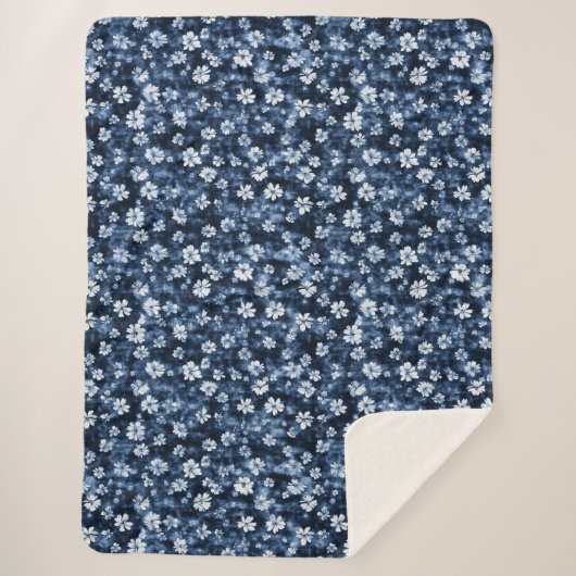 Denim Blue Flowers シェルパブランケット (正面)