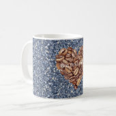 Denim Blue Glitter First Coffee Beans Heart コーヒーマグカップ (正面左)