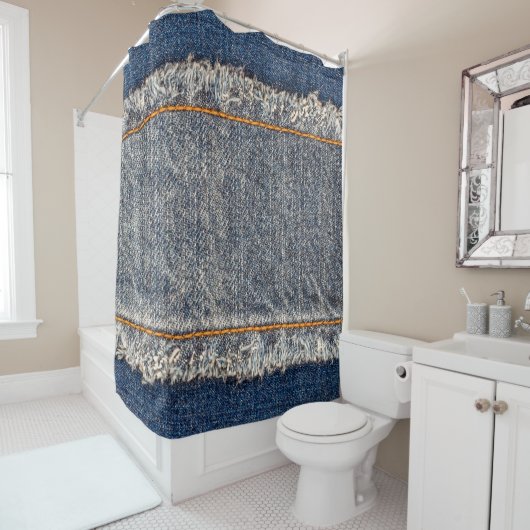 Denim blue jeans fabric frame. Bleached denim fabr シャワーカーテン (インサイチュ)