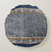 Denim blue jeans fabric frame. Bleached denim fabr ラウンドクッション (正面)