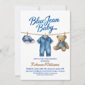 Denim Clothesline Boy Blue Jean Baby Shower 招待状 (正面)