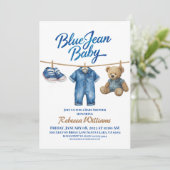 Denim Clothesline Boy Blue Jean Baby Shower 招待状 (スタンド正面)