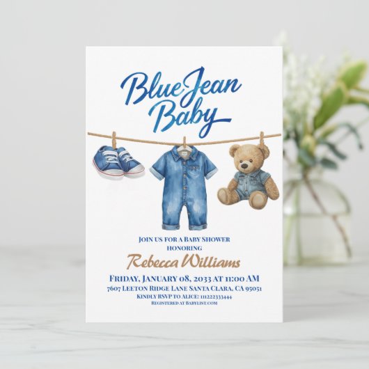 Denim Clothesline Boy Blue Jean Baby Shower 招待状 (スタンド正面)