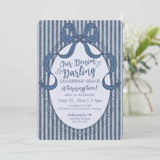 Denim Coquette Bow Blue Jean Baby Birthday 招待状 (スタンド正面)