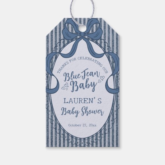 Denim Coquette Bow Blue Jean Baby Shower Favors ギフトタグ (正面)