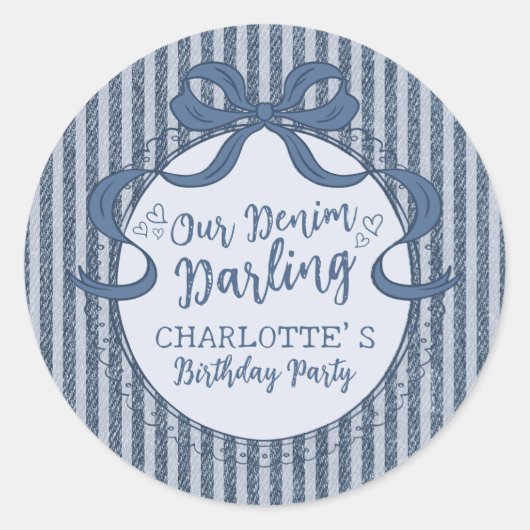 Denim Coquette Bow Blue Jean Birthday Party ラウンドシール (正面)