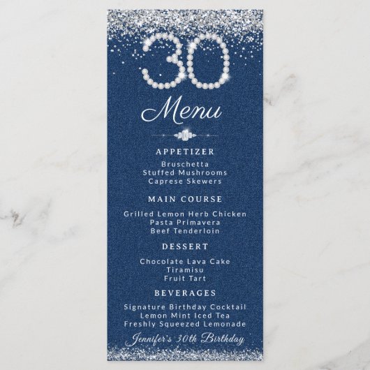 Denim & Diamonds 30th Birthday Dinner Flat Menu メニュー (正面)