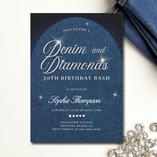 Denim Diamonds Arch Script 30th Birthday Party 招待状