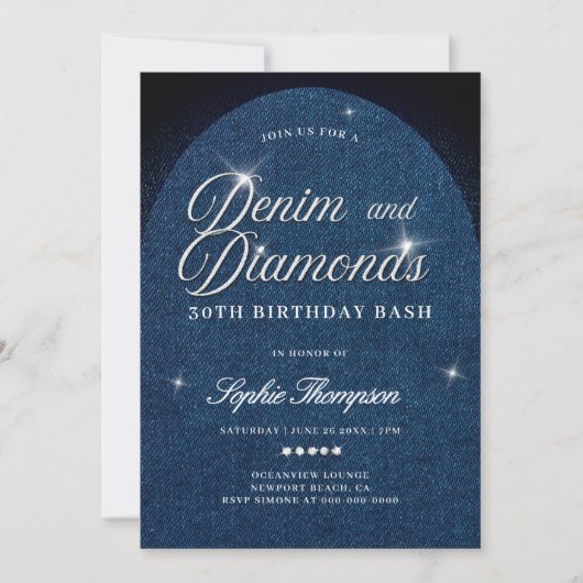 Denim Diamonds Arch Script 30th Birthday Party 招待状 (正面)