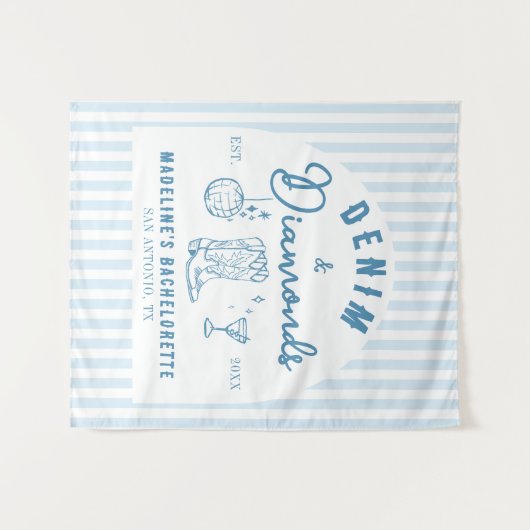 Denim Diamonds Bachelorette Backdrop Hand Drawn タペストリー (正面(横))