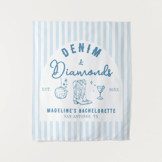 Denim Diamonds Bachelorette Backdrop Hand Drawn タペストリー (正面)