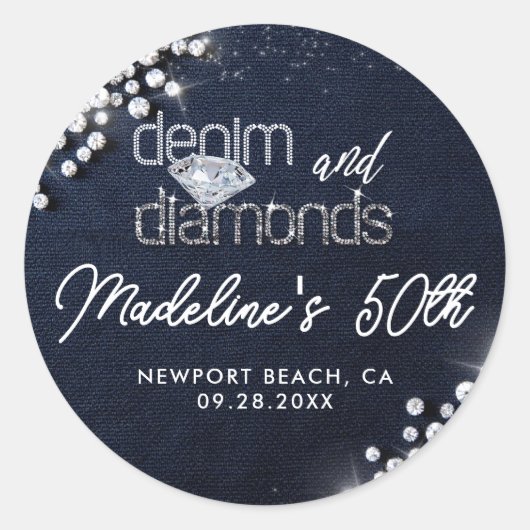 Denim Diamonds Bling Classy Elegant Party Custom ラウンドシール (正面)