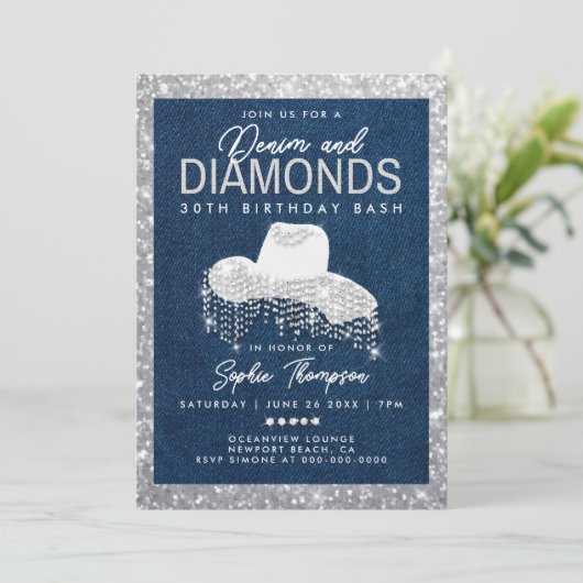 Denim Diamonds Bling Frame 30th Birthday Party 招待状 (スタンド正面)