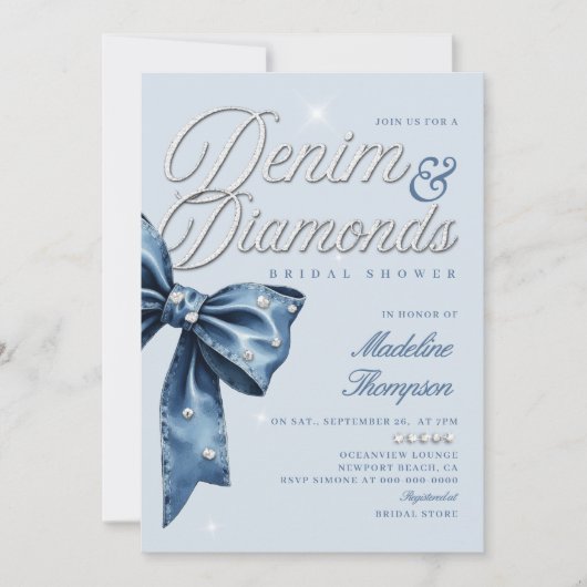 Denim Diamonds Blue Bow Chic Glam Bridal Shower 招待状 (正面)