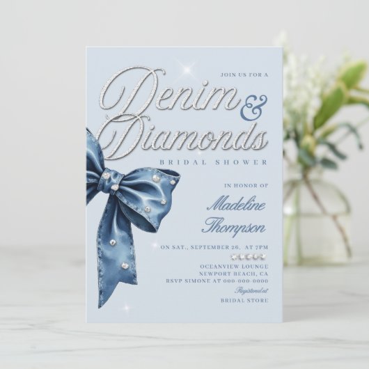 Denim Diamonds Blue Bow Chic Glam Bridal Shower 招待状 (スタンド正面)