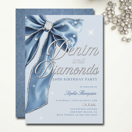 Denim Diamonds Blue Bow Script 30th Birthday Party 招待状