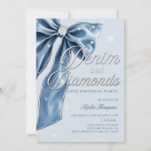 Denim Diamonds Blue Bow Script 30th Birthday Party 招待状 (正面)