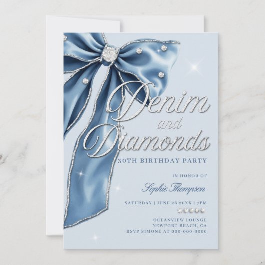 Denim Diamonds Blue Bow Script 30th Birthday Party 招待状 (正面)