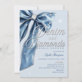 Denim Diamonds Blue Bow Script Chic Bridal Shower 招待状 (正面)