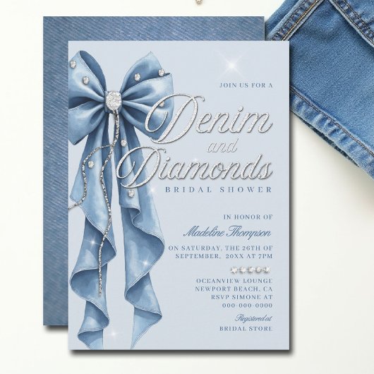 Denim Diamonds Blue Bow Script Glam Bridal Shower 招待状