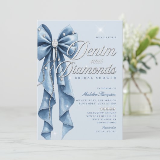 Denim Diamonds Blue Bow Script Glam Bridal Shower 招待状 (スタンド正面)