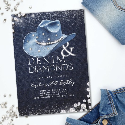 Denim Diamonds Cowgirl Hat Bling 30th Birthday 招待状