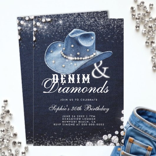 Denim Diamonds Cowgirl Hat Script 30th Birthday 招待状