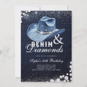 Denim Diamonds Cowgirl Hat Script 30th Birthday 招待状 (正面)