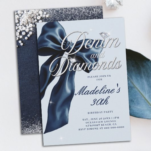 Denim Diamonds Dark Blue Bow 30th Birthday Party 招待状