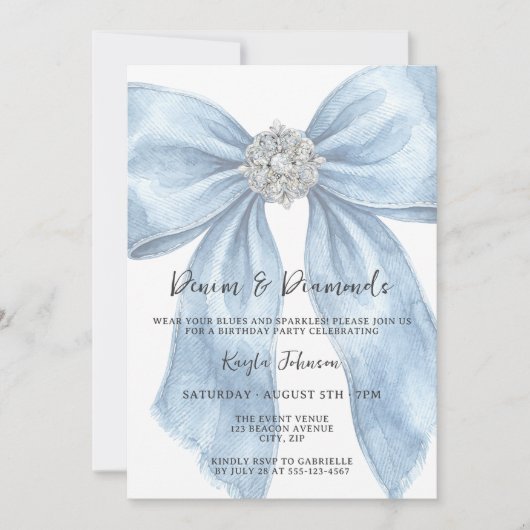 Denim Diamonds Elegant Blue Watercolor Bow 招待状 (正面)