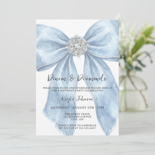 Denim Diamonds Elegant Blue Watercolor Bow 招待状 (スタンド正面)