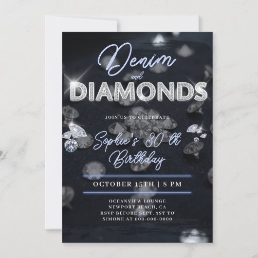 Denim Diamonds Glam Glow Classy 30th Birthday 招待状 (正面)