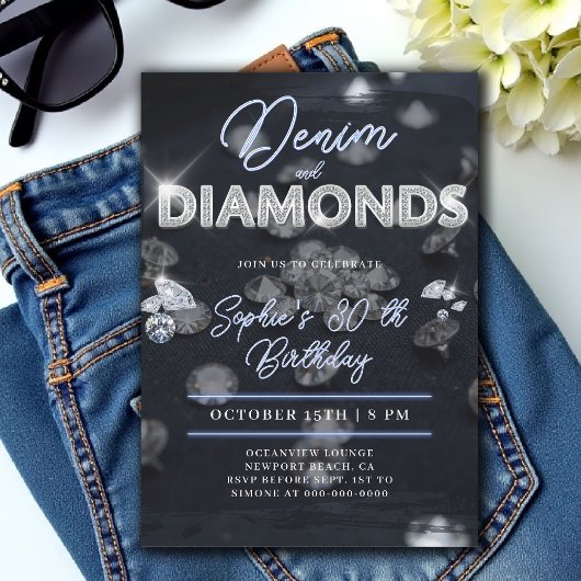 Denim Diamonds Glam Glow Classy 30th Birthday 招待状