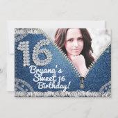 Denim & Diamonds Jean Zipper Sweet 16フォトパーティー 招待状 (正面)