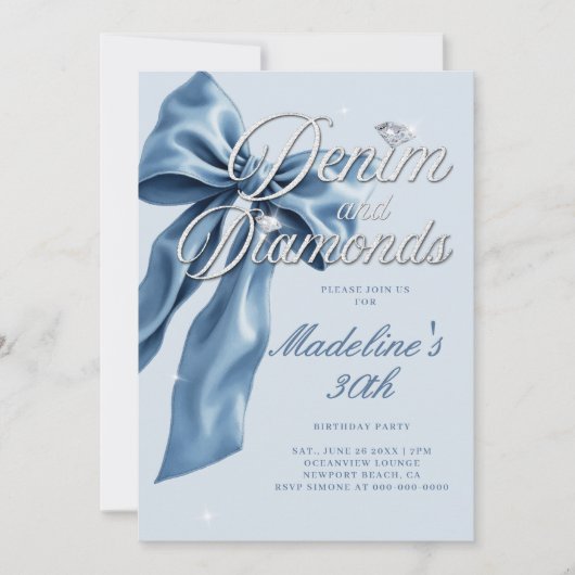Denim Diamonds Light Blue Bow 30th Birthday Party 招待状 (正面)