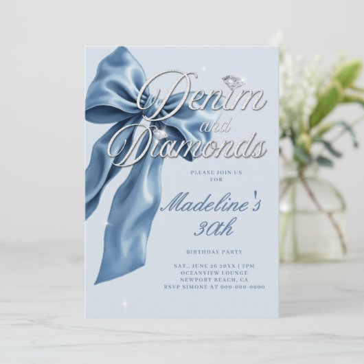 Denim Diamonds Light Blue Bow 30th Birthday Party 招待状 (スタンド正面)