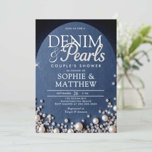 Denim Diamonds Pearls Arch Coed Blue Couple Shower 招待状 (スタンド正面)