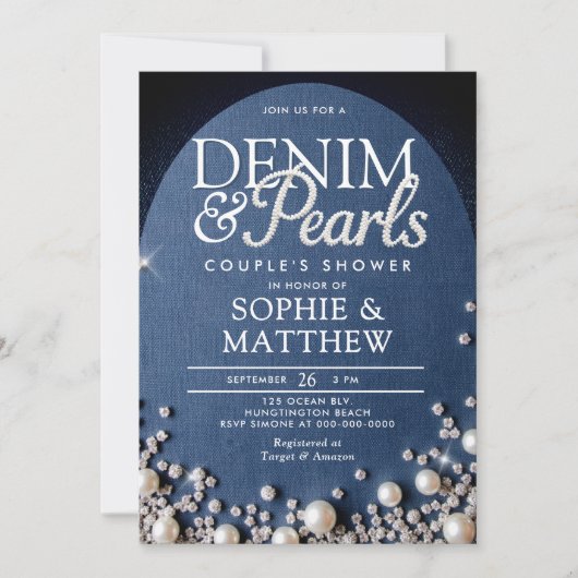 Denim Diamonds Pearls Arch Coed Chic Couple Shower 招待状 (正面)