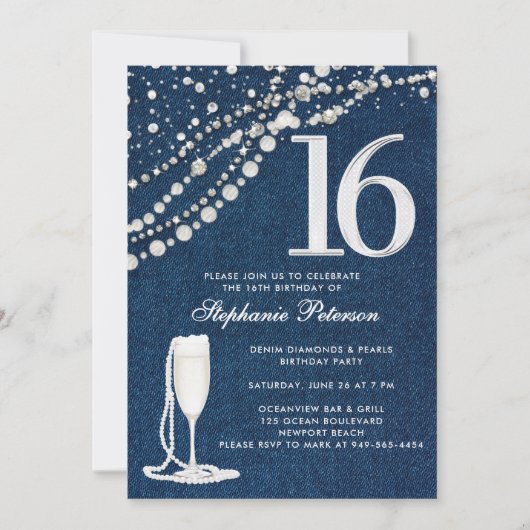 Denim Diamonds Pearls Champagne  ElegantSweet 16 招待状 (正面)