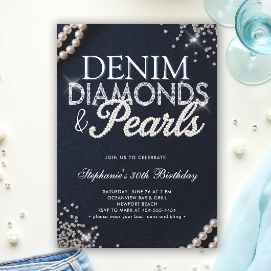 Denim Diamonds Pearls Chic Classy Elegant Birthday 招待状