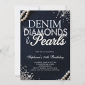 Denim Diamonds Pearls Chic Classy Elegant Birthday 招待状 (正面)
